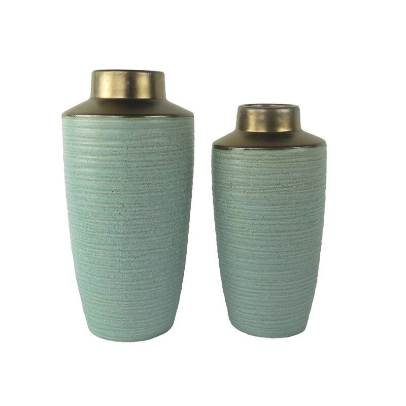 Aria Home Green Ceramic Vases Copper Rim Décor Display Set of 2 - Green