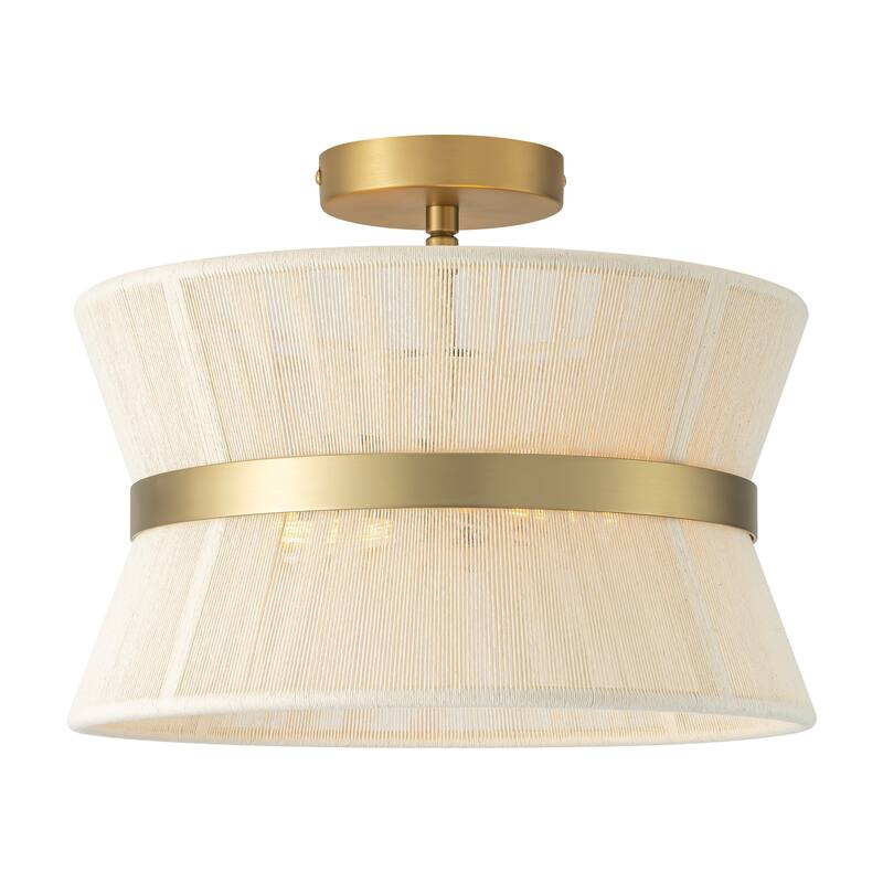 2-Light Modern Boho Gold Drum Tapered Handwoven Rope Semi-Flush Mount Light - 13.7 in. W x 11.6 in. H