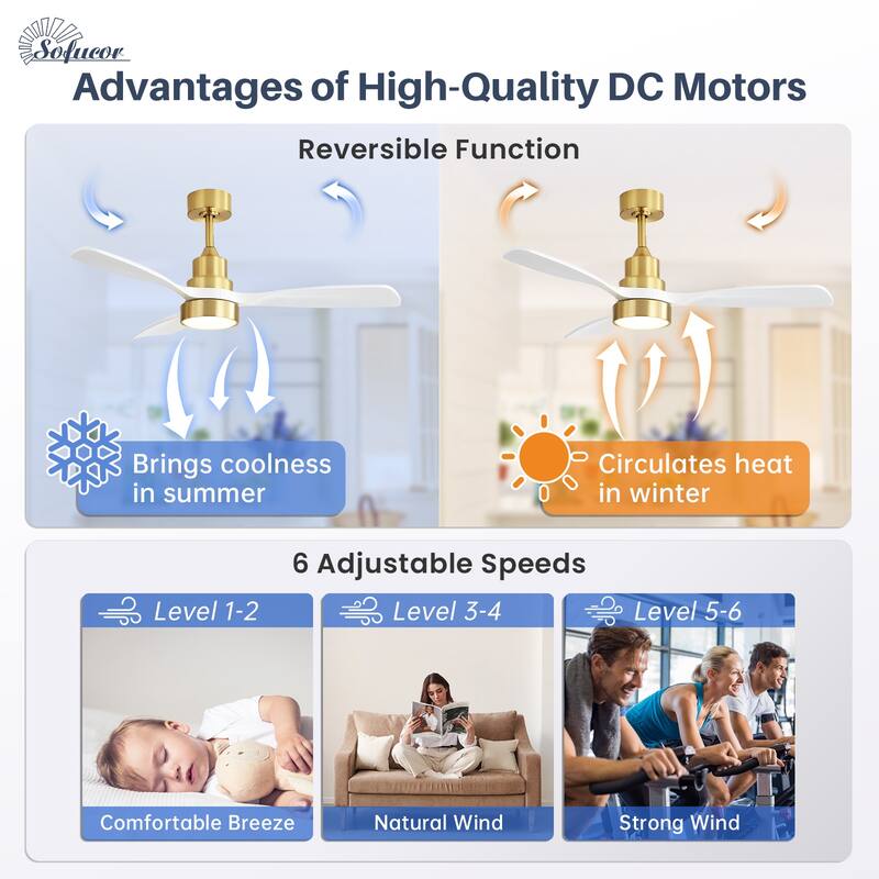 Sofucor 48 Inch Ceiling Fan with Light and Remote,Solid Wood Blades Low Profile,Smart Optional Work with Alexa/Google/App