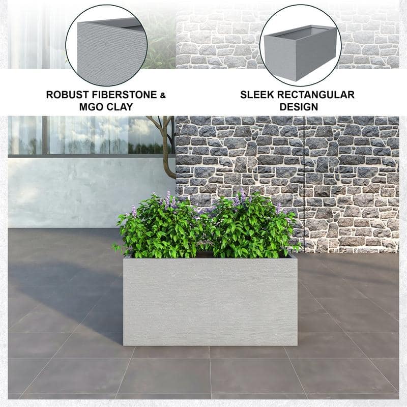 Flora Modern Rectangular Fiberstone MGO Planter with Drainage, Weather-Resistant Indoor Outdoor Decorative Plant Pot