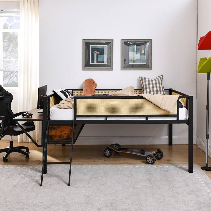 Metal loft Bed With Desk,LED loft Bed Frame Double Bed,Shelves,hanging compartments,safety guard,ladder,no box springs required