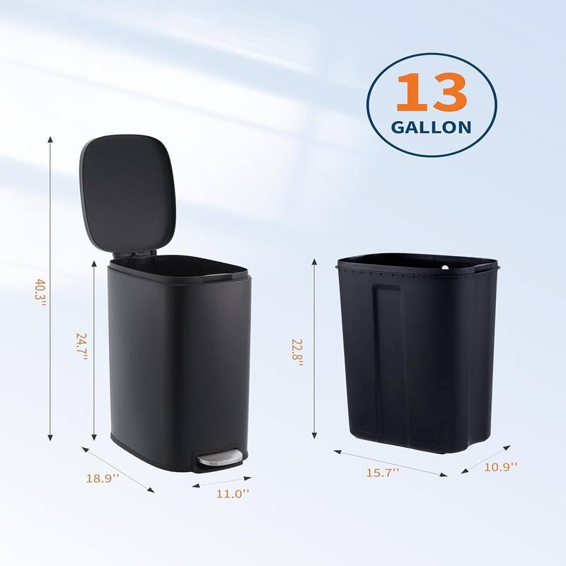 13-Gallon Slim Stainless Steel Trash Can with Soft-Close Lid - Narrow Design