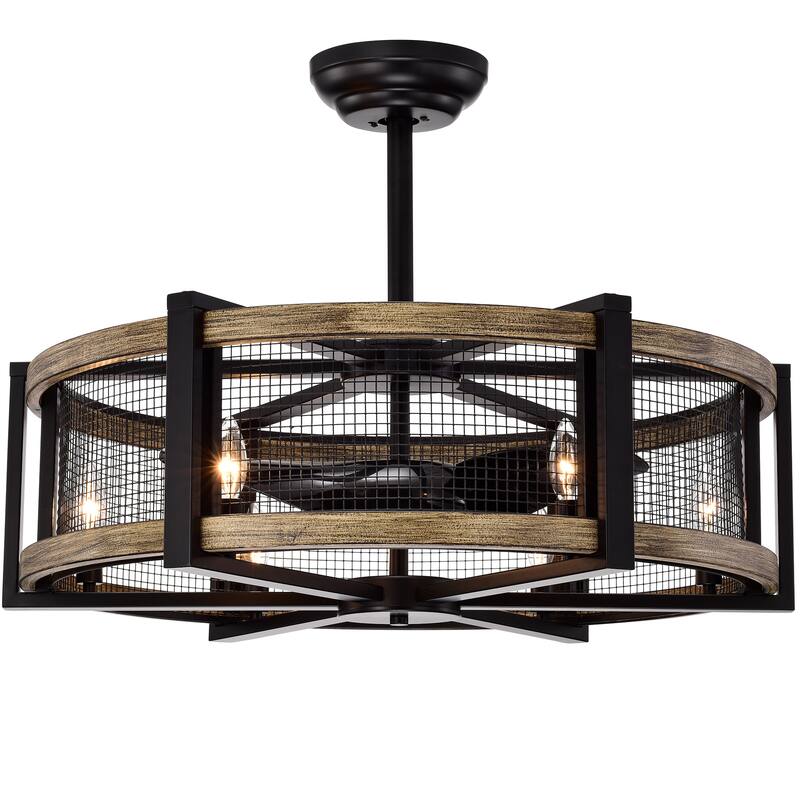Samual Wood Grain Ceiling Fan 31-Inch 6-Light Geometric Metal Drum Shade (Includes Remote)