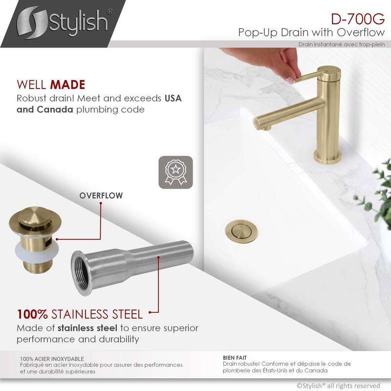 Stainless Steel Ceramic Bathroom Sink PopUp Drain with Overflow