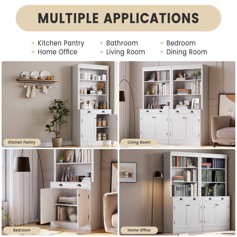 5-Tier Bookshelf, 70 Inch Tall Bookcase with 2 Doors and 1 Drawer, Modern Pantry Sideboard with Adjustable Shelf