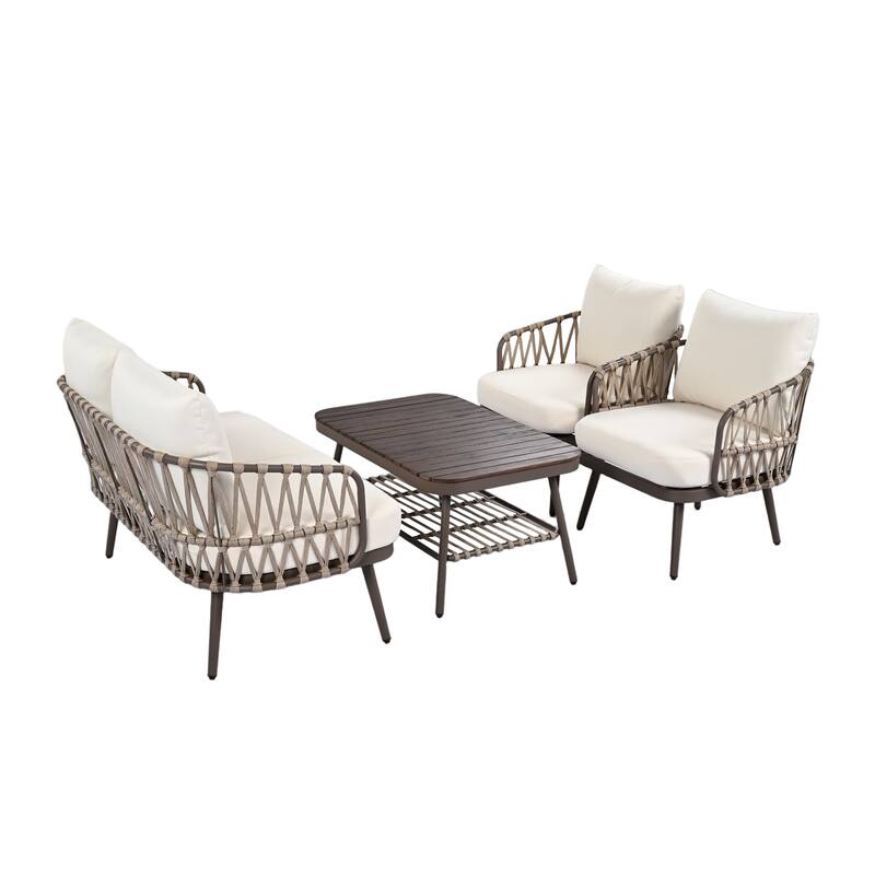Roomfitters 4-Piece Outdoor Patio Conversation Set with Woven Rope Backrest, Cushions and Metal Frame Chairs