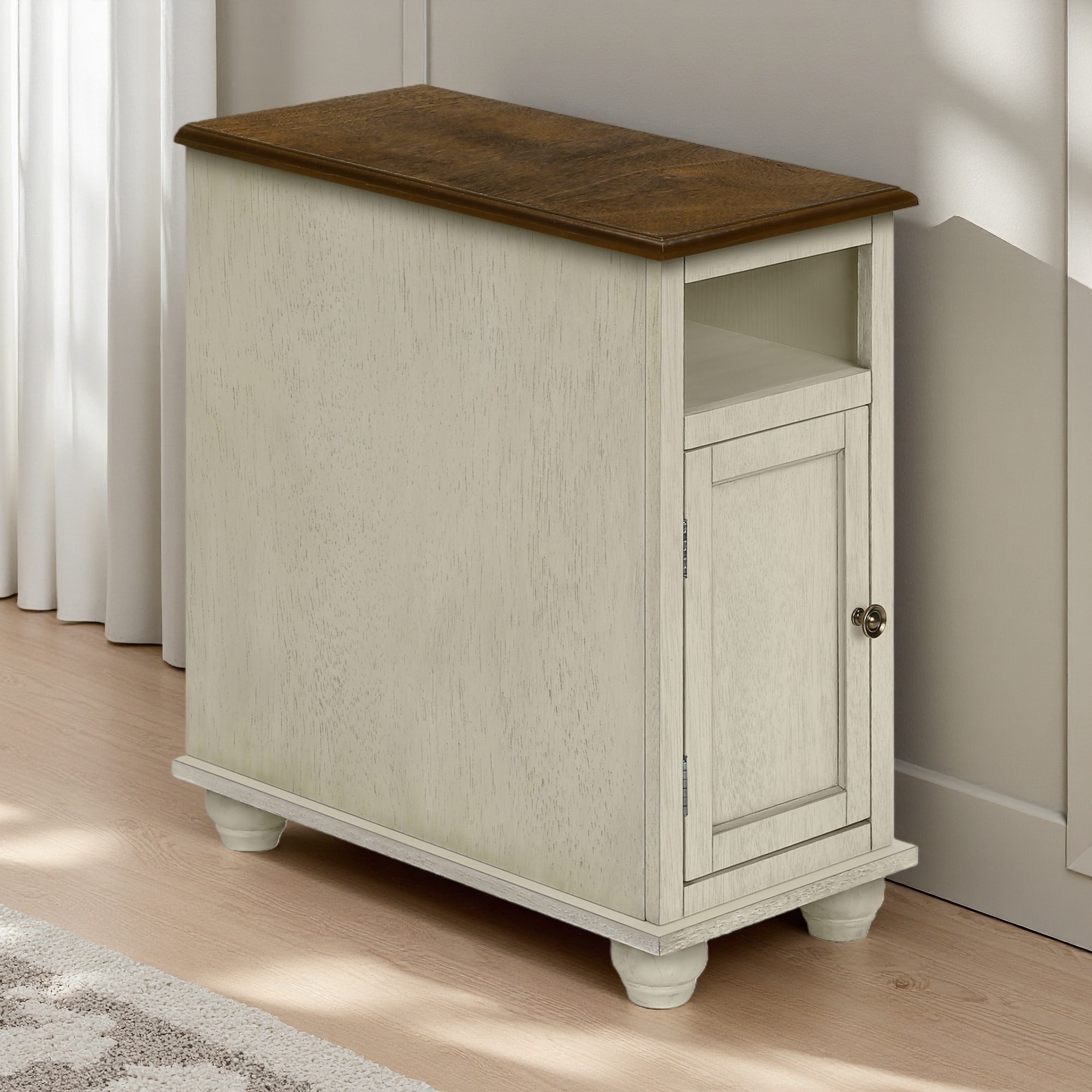 11.75"L Narrow Two-Tone Accent Table with Beveled Top, Storage Drawer, Open Cubby, Closed Cabinet, and Bronze Knob - End Table