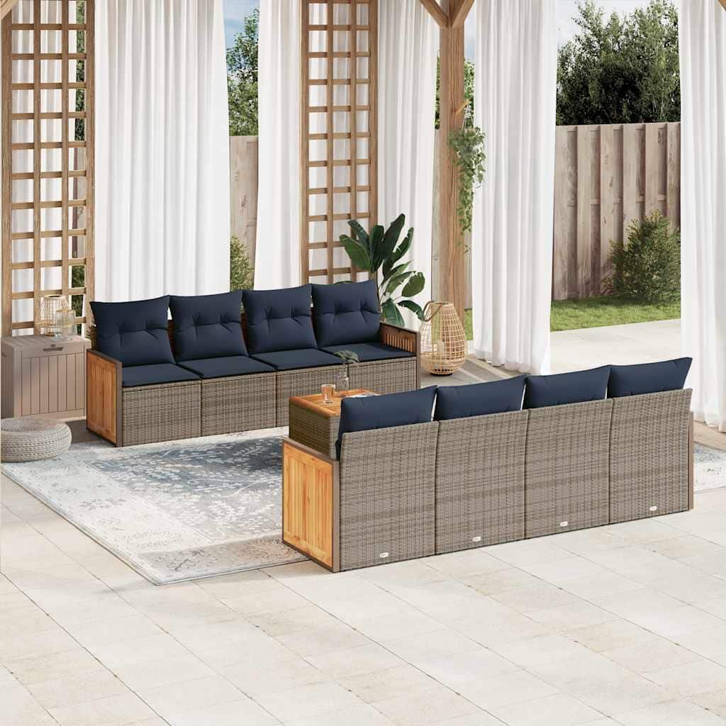 vidaXL 9 Piece Patio Sofa Set with Cushions Gray Poly Rattan - 89.8x27.2x89.8