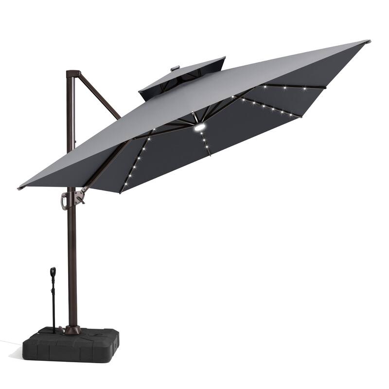 13 x 10 FT Double Top Solar powered LED Patio Cantilever Umbrella Aluminum with Base - Dark Grey