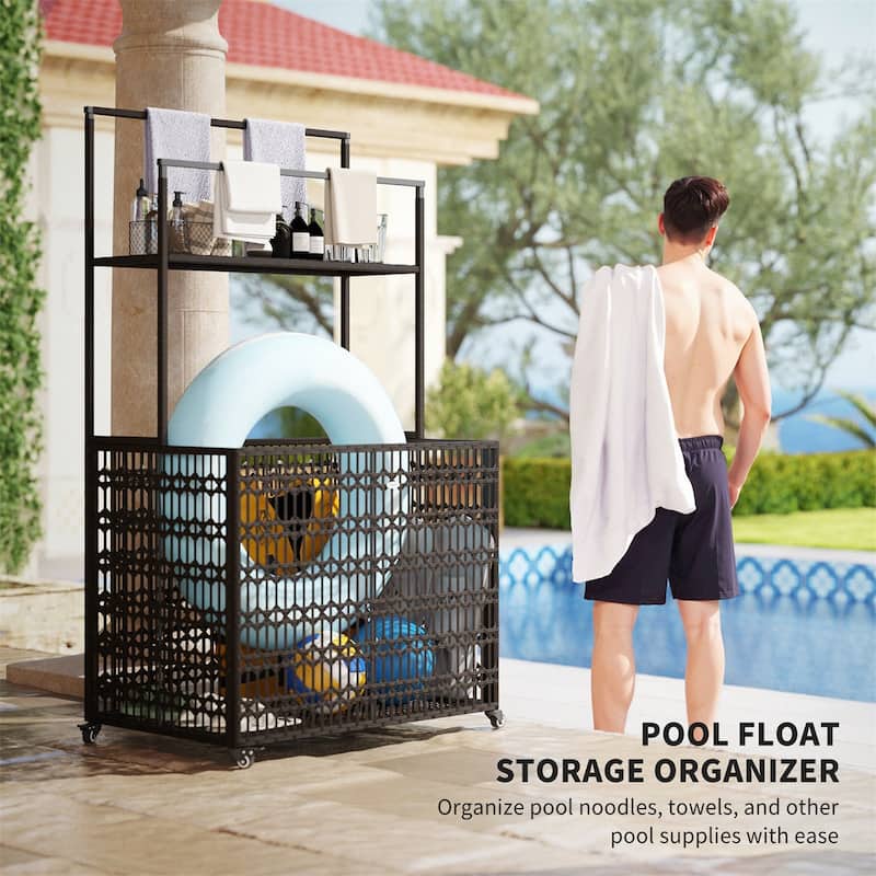 Wicker Pool Storage Basket with Wheels Shelf and Steel Frame for Outdoor Pool Supplies Organization