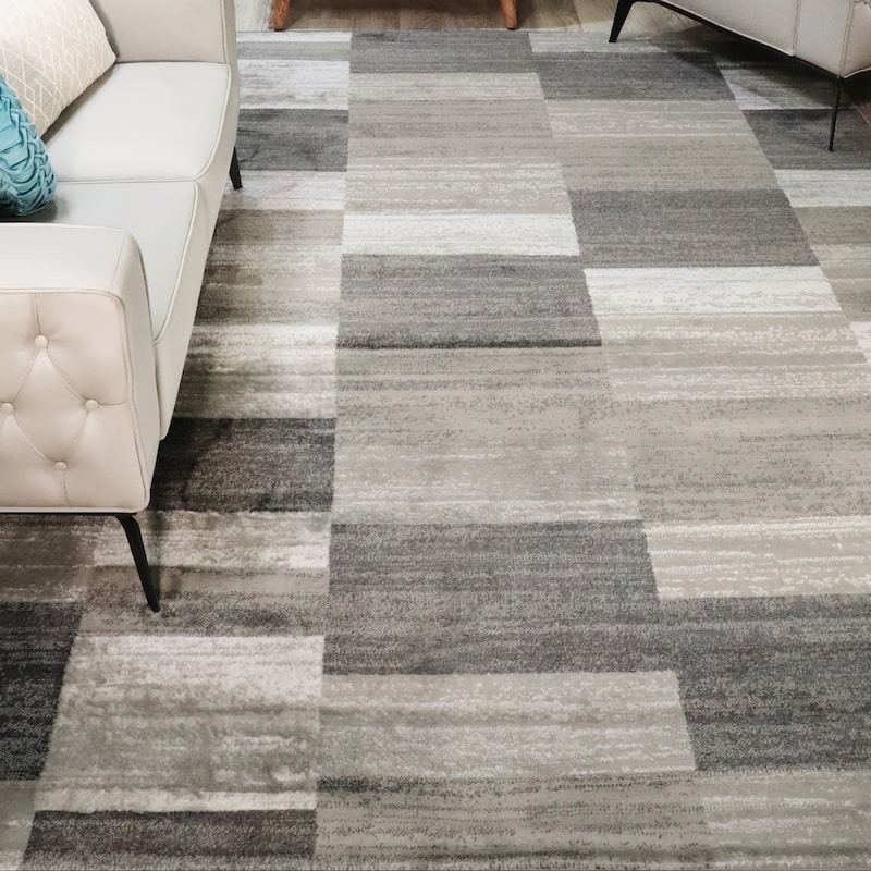 Modern Stripe Color Block Indoor Area Rug or Runner by Superior - 4' x 6' - Silver