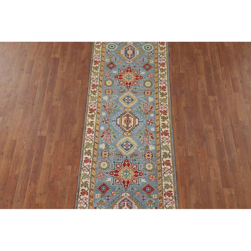 Light Blue Geometric Kazak Runner Rug Hand-Knotted Wool Carpet - 2'8" x 9'6"