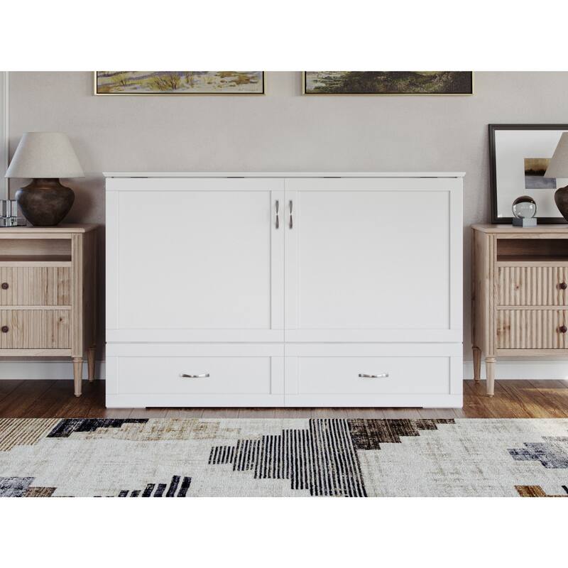 Murphy Bed Chest Solid Wood Queen Size with Mattress USB Charging Station White Finish Home Furniture