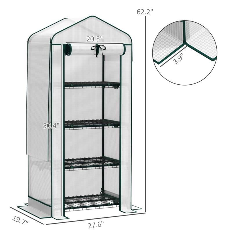 White Steel PE Cover 4-Tier Mini Greenhouse with Roll-Up Zipper Door