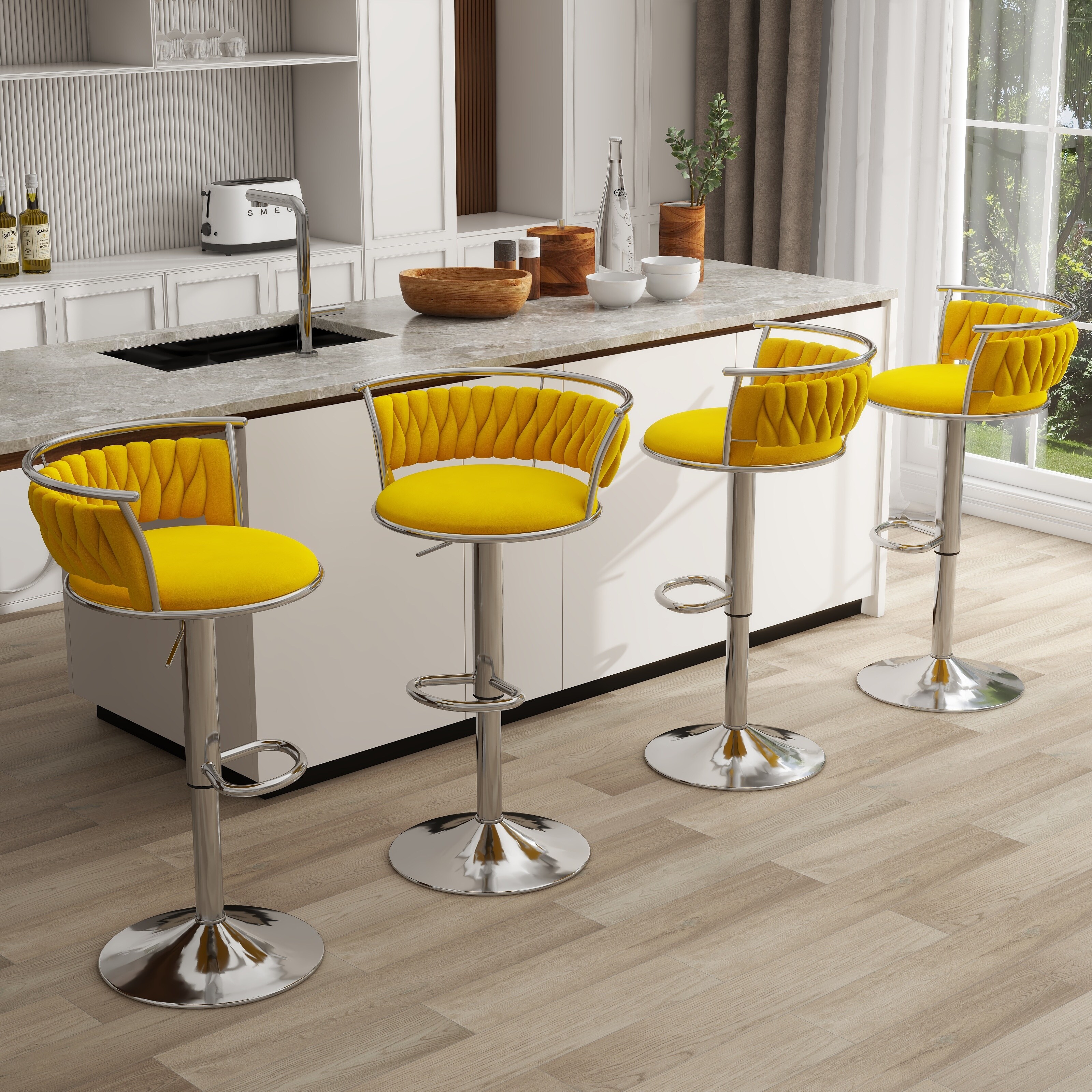 Set of 4 Bar Stools Adjustable Swivel with Gold Frame