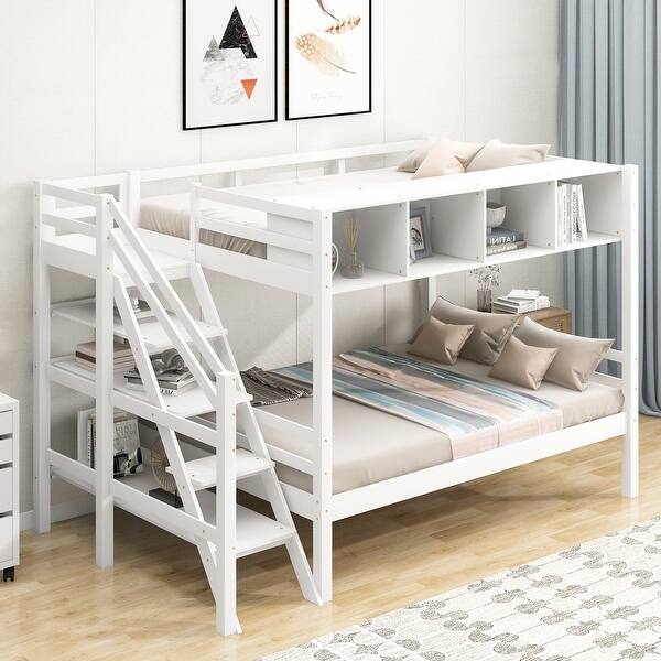 slide 2 of 9, MDF Twin over Full Bunk Bed with Staircase and Built-in Storage Cabinets,Storage Staircase White