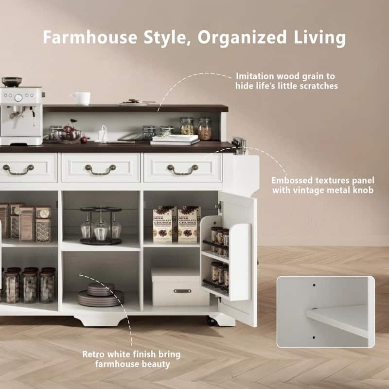 Farmhouse 53.2" Kitchen Island with Power Outlet, Rolling Island Table, Bar Cabinet with Storage 4 Door Shelves and 3 Drawers