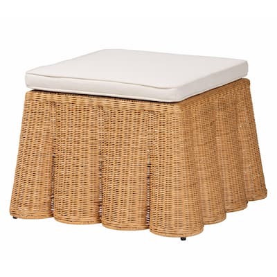 Palm Scallop Natural Rattan Ottoman with Cushion – Handwoven Wicker Accent Bench or Footrest for Living Room or Sunroom, Square