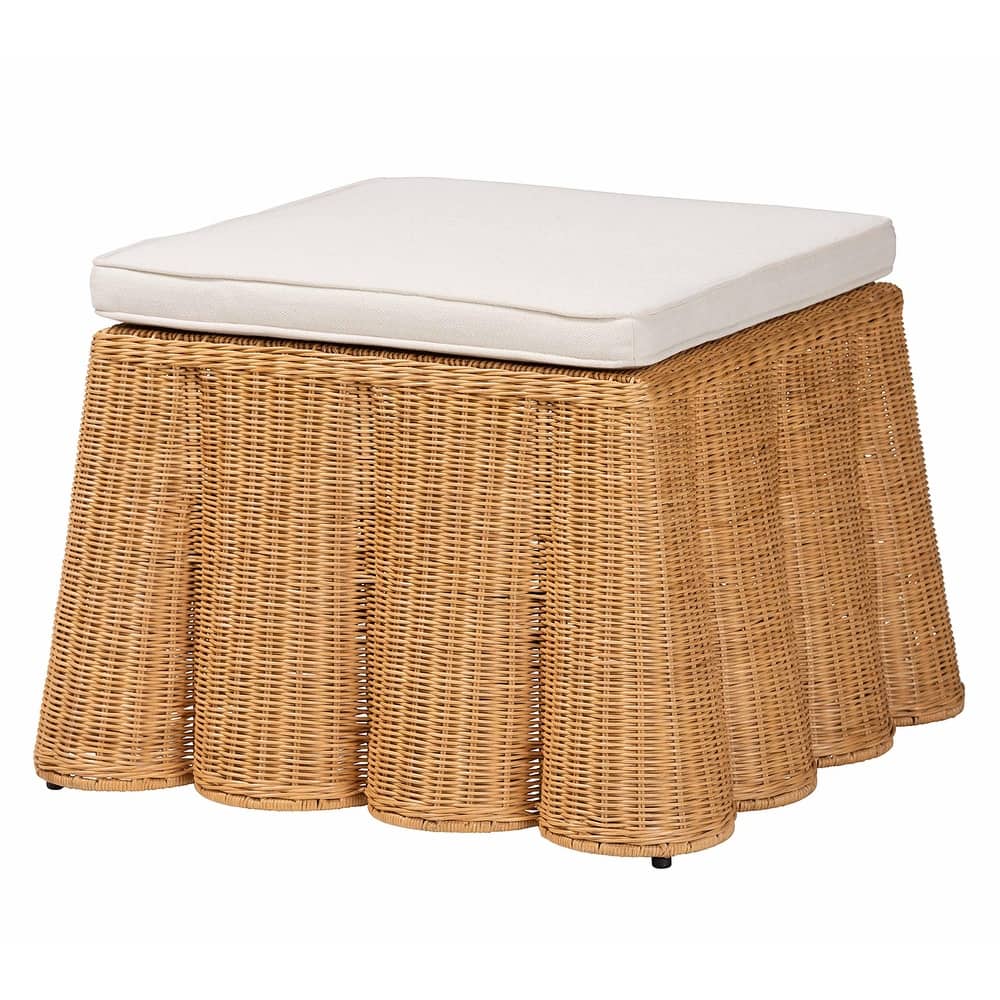 Palm Scallop Natural Rattan Ottoman with Cushion – Handwoven Wicker Accent Bench or Footrest for Living Room or Sunroom, Square