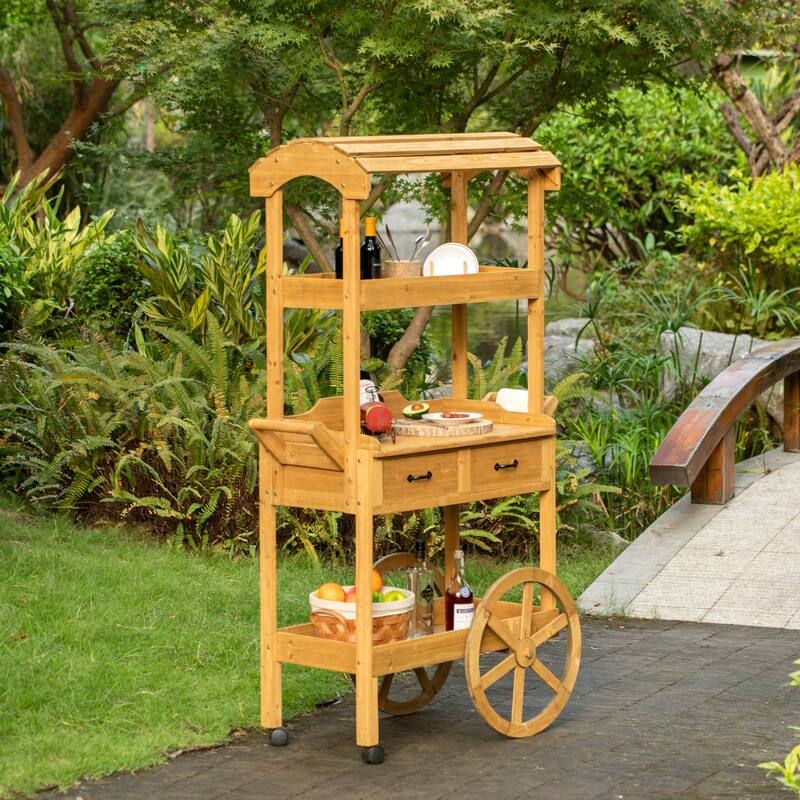 Large Wooden Display Rolling Table with Drawers and Wheels 3 Tier for Display, Modern Wood Wagon with Shelves for Food and More