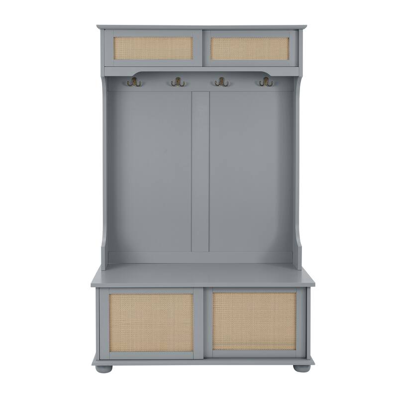 Hall Tree Entryway Bench with Rattan Door Shelves and Shoe Cabinets