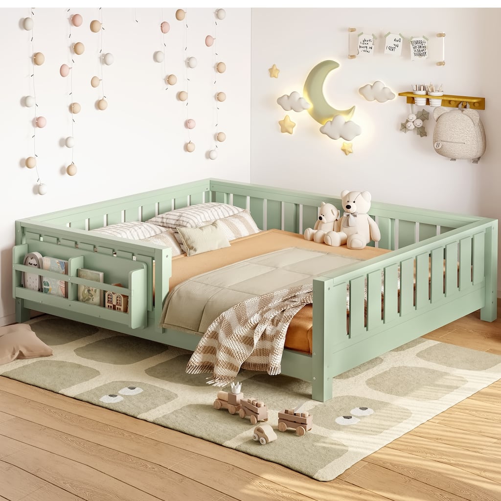 Full bed with built-in bookshelf and high-quality safety guardrail