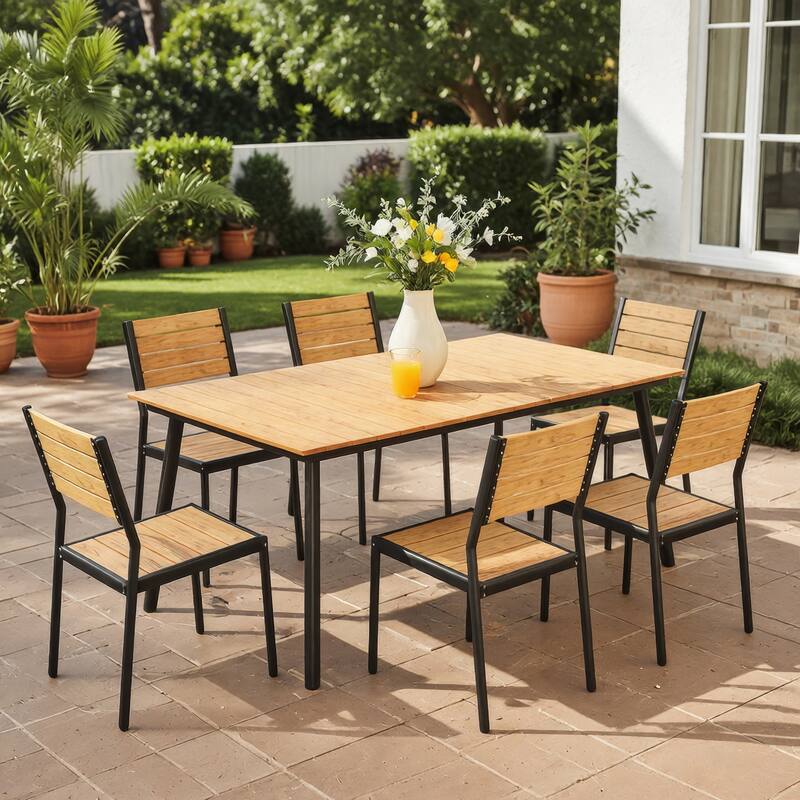 7-Pieces Outdoor Dining Set Aluminum Dining Table with Stackable Dining Chairs