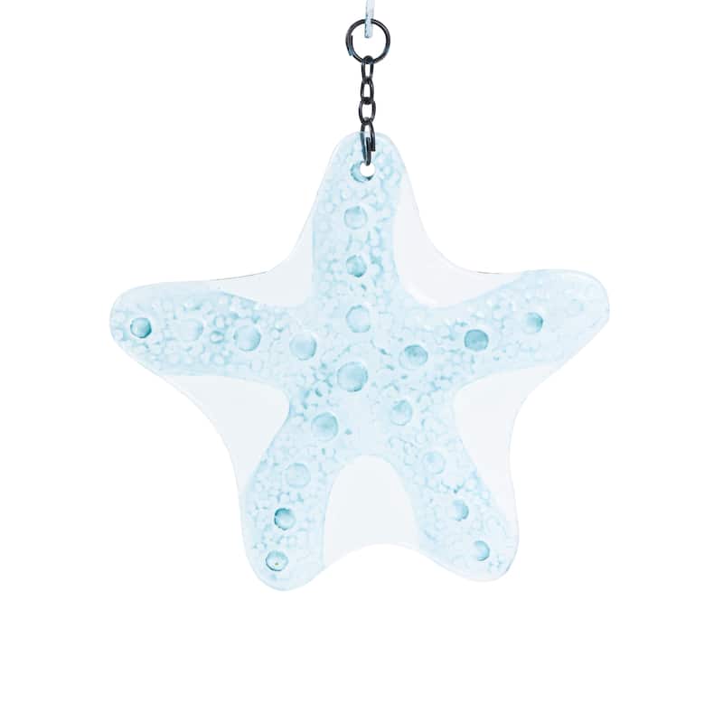 Blue Metal Swirl Wind Spinner Sea Horse Windchime with Starfish Accent