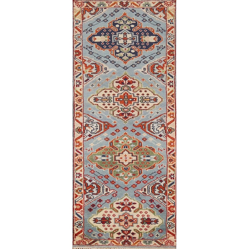Light Blue Geometric Kazak Indian Runner Rug Hand-Knotted Wool Carpet - 2'7"x 7'10"