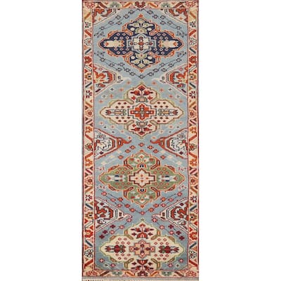 Light Blue Geometric Kazak Indian Runner Rug Hand-Knotted Wool Carpet - 2'7"x 7'10"