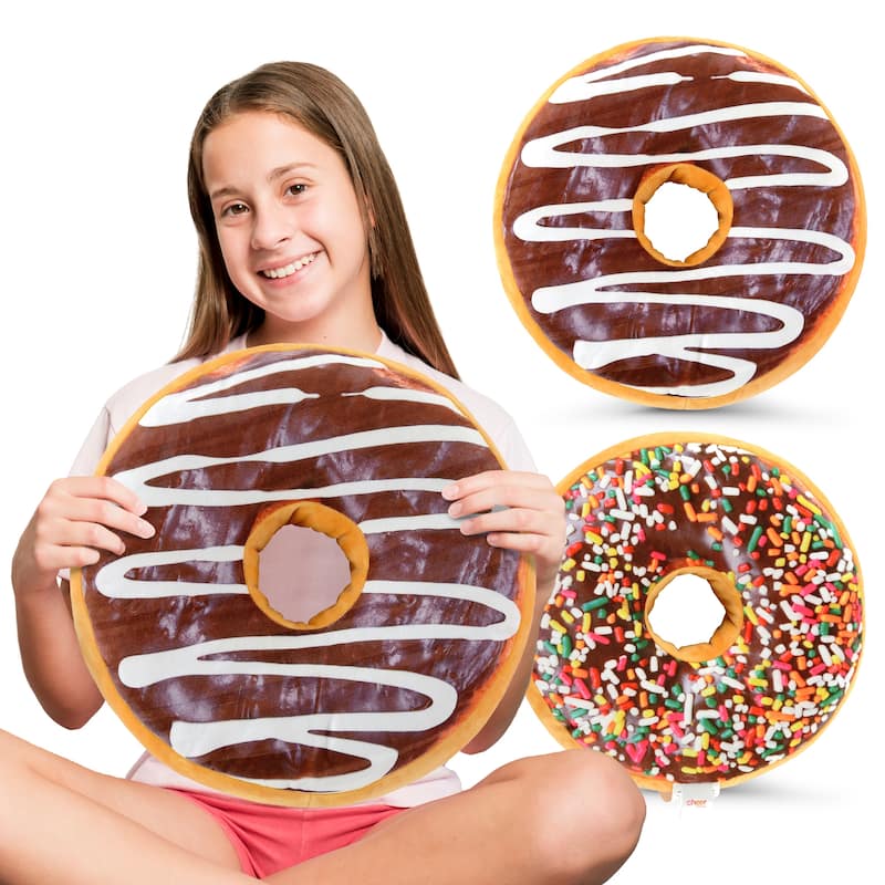 Cheer Collection Reversible Plush Donut Throw Pillow - Chocolate Glaze / Rainbow Sprinkles