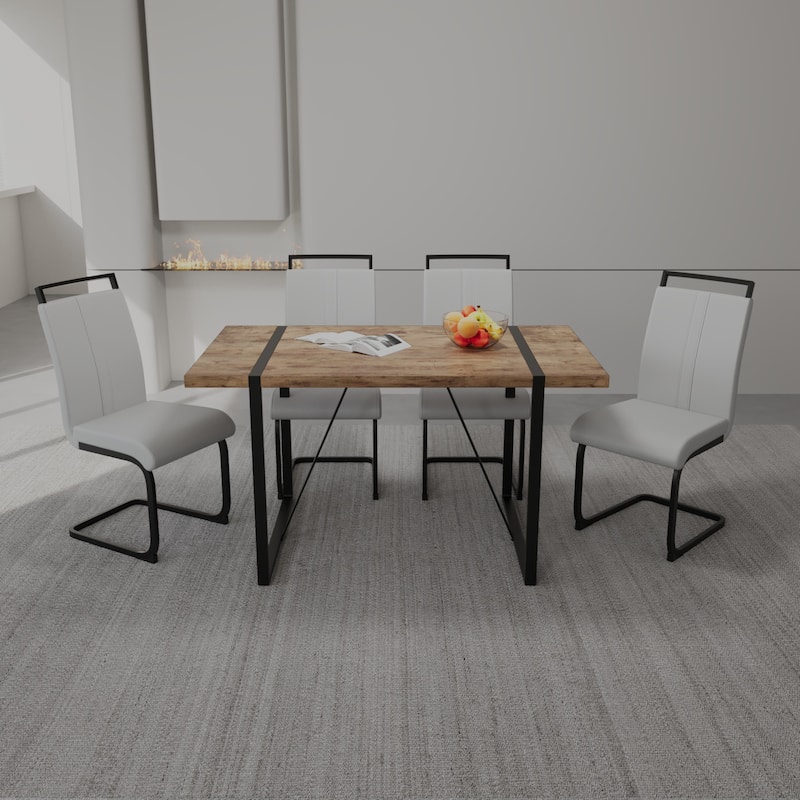Modern 5-Piece Dining Set with Dark MDF Rectangular Table & 4 High Back Black Metal Legs Chairs