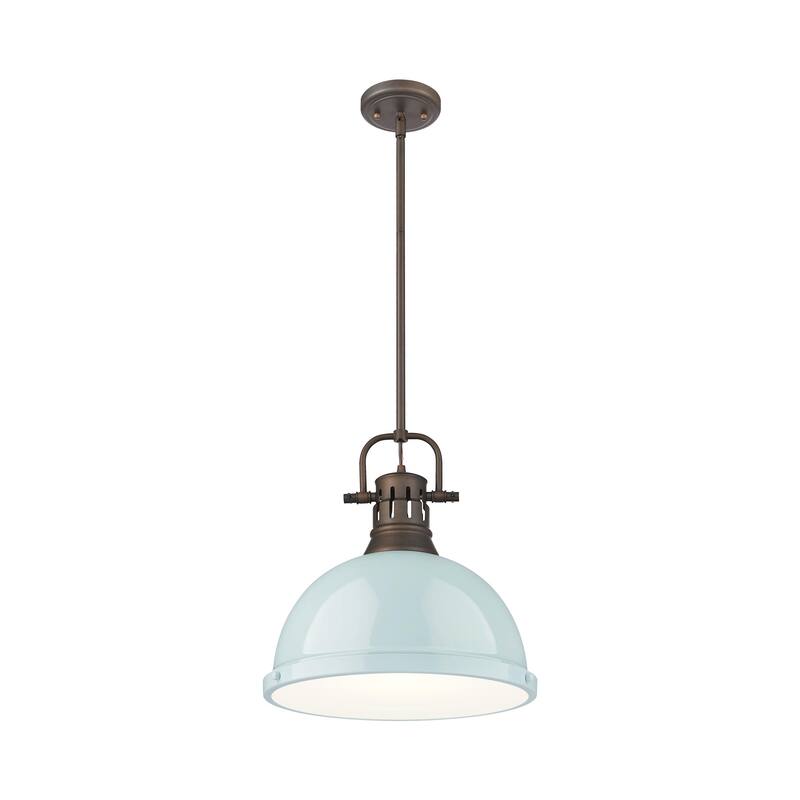 Yep by Golden Lighting Duncan 1-light 14in Rod Hung Pendant in Rubbed Bronze and Seafoam shade