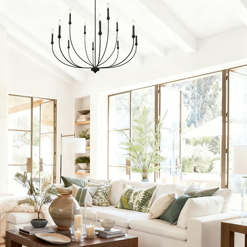 Oriea Modern Transitional 2-Tier 12-Light Black Wheel Chandelier for Large Living Dining Room Entryway - Dia. 48.8" x H 31.5"