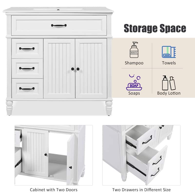 36" Bathroom Vanity with Sink, Freestanding Cabinet with 2 Drawers & Double Doors, Solid Wood Frame, Soft-Close Design