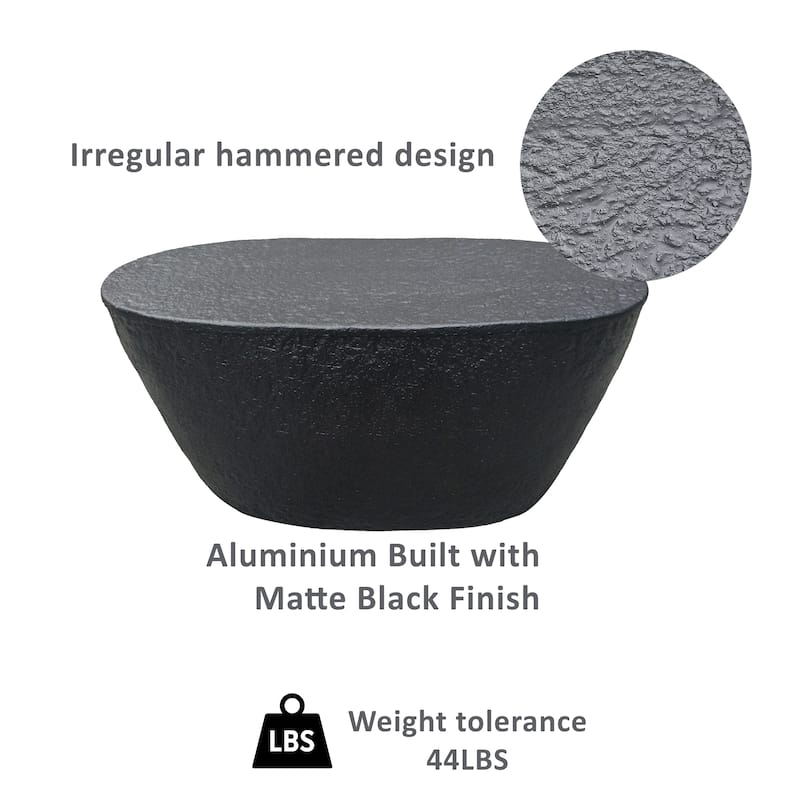 Josi 36 Inch Coffee Table, Handcrafted Hammered Design, Matte Black Sculptural Aluminum Frame