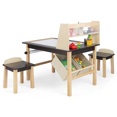 Wooden Kids Art Table & Chairs Set with Paper Roll Storage Shelf Bins