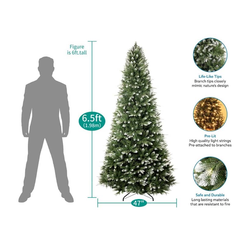 PE & PVC White-Tip Pre-Lit Christmas Tree with Warm Lights , Natural Look with Fluffy Branches