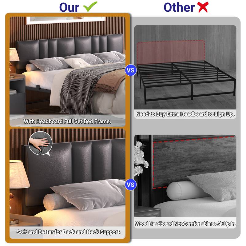 Upholstered Bed Frame with Height Adjustable Headboard,with RGB LED Light and Charging Hub