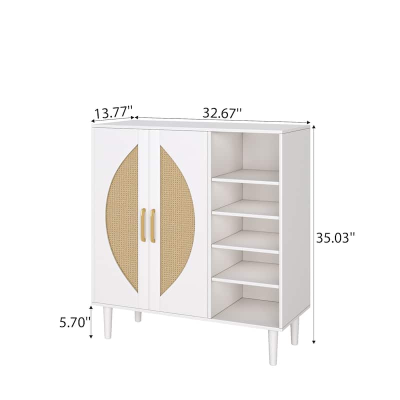 Shoe Cabinet with Adjustable Shelves, Buffet Sideboard with Anti-Tip Safety, Rattan Storage Entryway Accent Cabinet