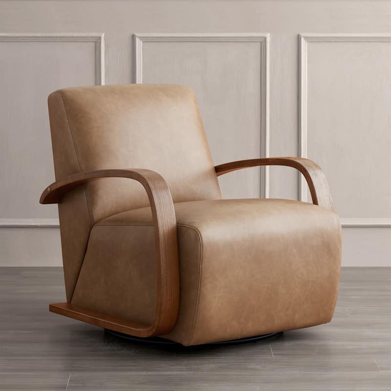 Eli Swivel Accent Chair with U-Shaped Wood Arm - Set of 2 - Cognac Brown&Walnut