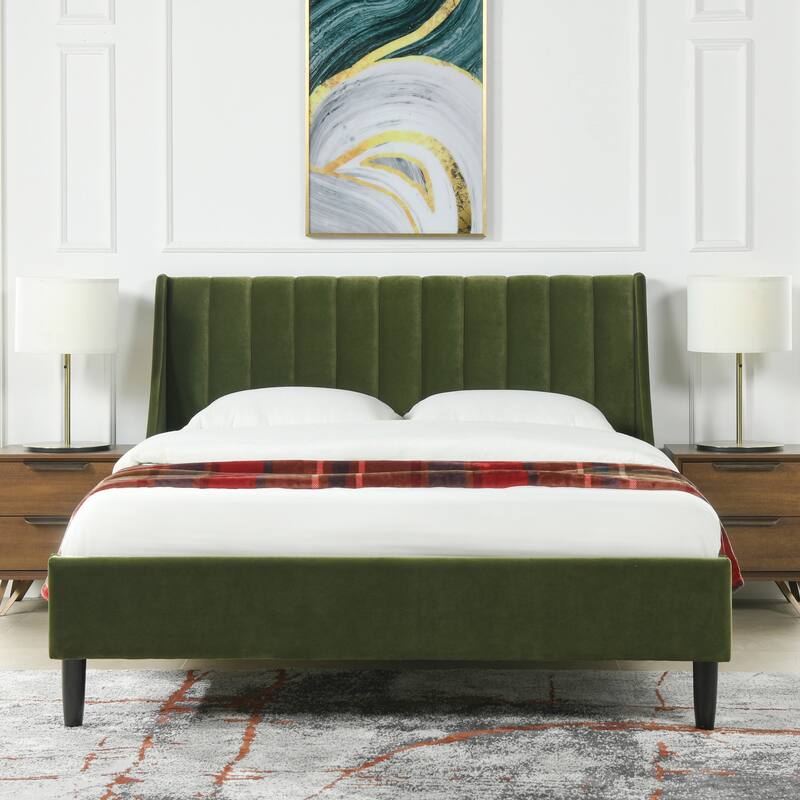 Willow Performance Velvet Channel Tufted Platform Bed - Olive Green - Queen