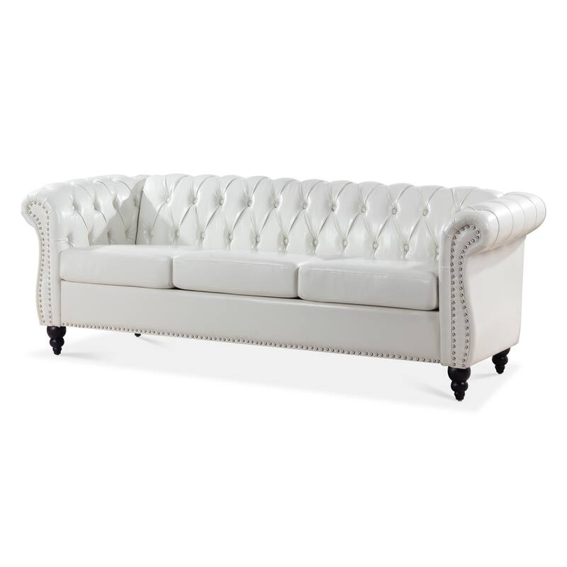 84" Chesterfield PU Leather Sofa with Rolled Arms, Button Back, Studs Trim, and Wood Legs