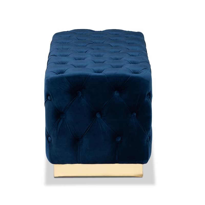 Corrine Glam and Luxe Velvet Fabric and Gold PU Leather Ottoman