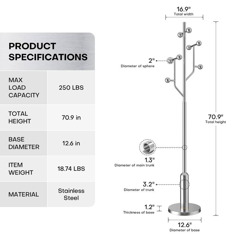 Freestanding Metal Coat Rack Stand Heavy Duty Coat Tree, Single - 70.9"H x 16.9"W(top) x 12.6"Dia(base)