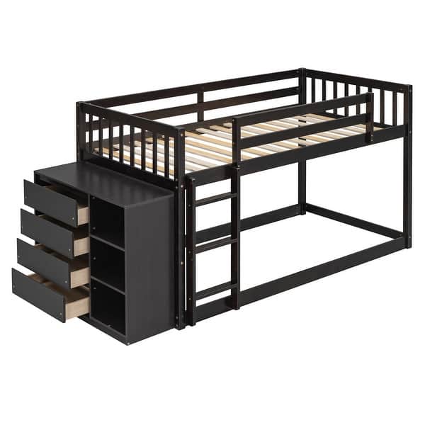 slide 2 of 14, Twin Over Twin Low Bunk Bed with Storage, Wood Floor Bunk Beds with 4 Drawers and 3 Shelves, for Kids, Girls Boys, Teens, Adults Espresso - Twin