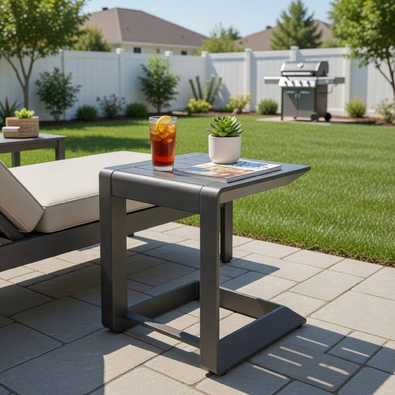 Metal Frame Slatted Top Side Table with Cantilever Base, Dark Gray