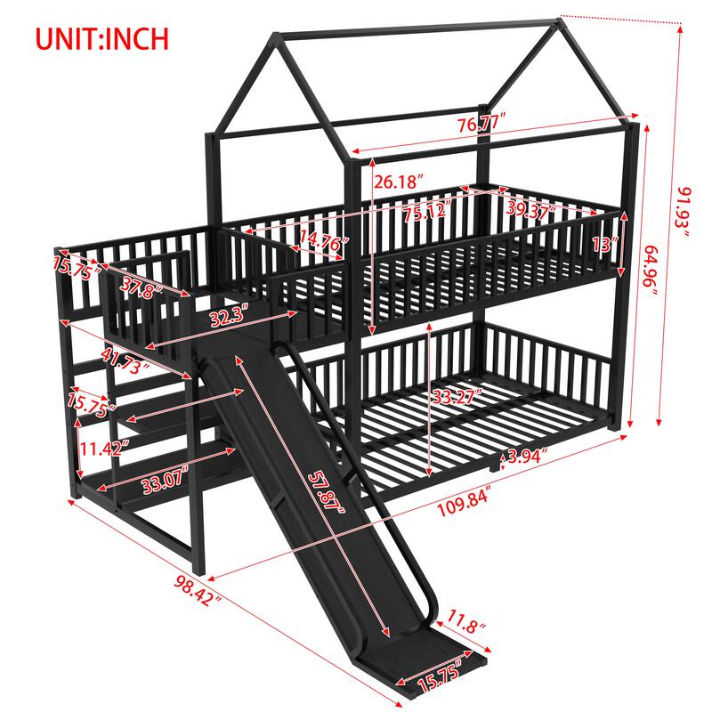House Themed Bunk Bed with Storage Stairs, Slide and Safety Guardrails