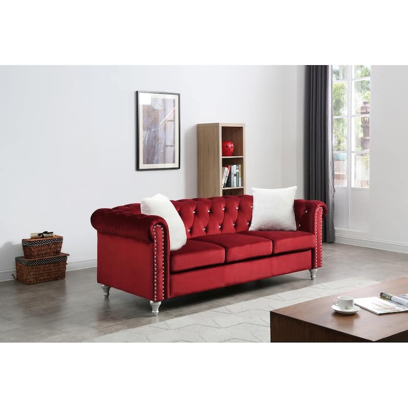 Tufted Faux Jewel Velvet 3-Seater Sofa with Throw Pillows - 83" - Burgundy