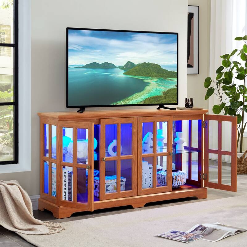 LED Antique Glass Curio Display Cabinet Showcase with 4 Lattice Doors